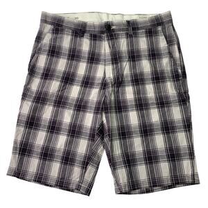 NWOT Club Monaco White Deep Purple Madras Plaid Mens Flat Front Shorts